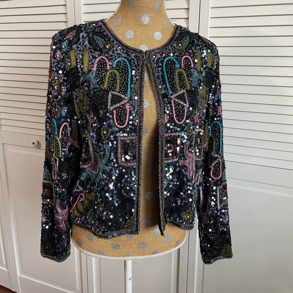 Amazing Vintage 80’s Sténay Multicolored Geometric Beaded Evening coat jacket M - Picture 4 of 16